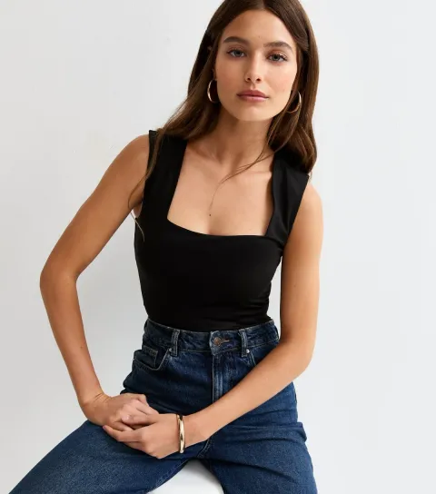 Black Slinky Square Neck Sleeveless Bodysuit