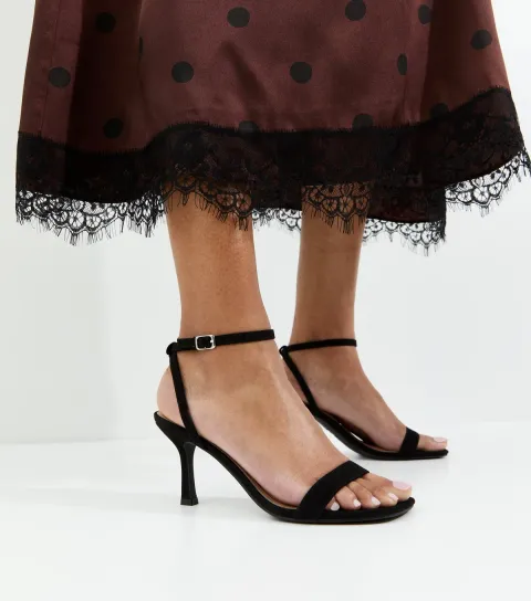 Black Faux Suede Square Top Stiletto Sandals Vegan