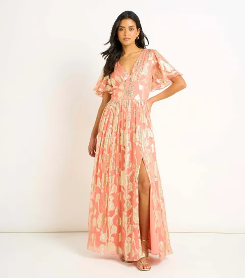 Light Pink Metallic Floral Maxi Dress