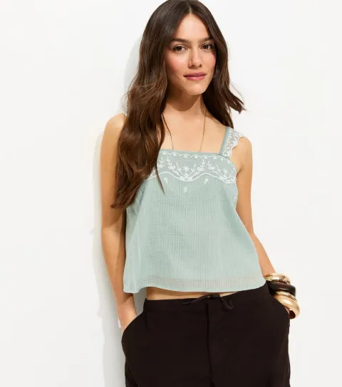 Petite Mint Green Embroidered Strap Peplum Cami Top