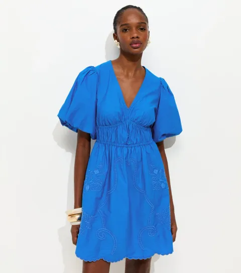 Bright Blue Embroidered Cutwork Mini Dress