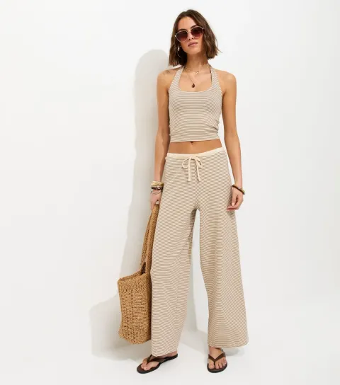 Cream Stripe Drawstring Wide Leg Trousers