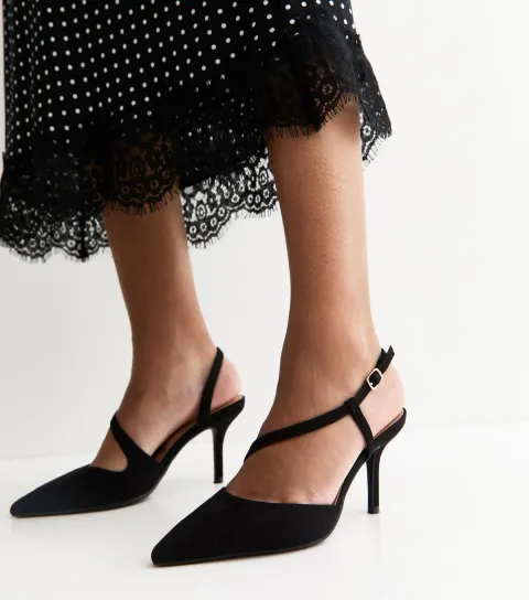 Black Faux Suede Strappy Slingback Court Shoes