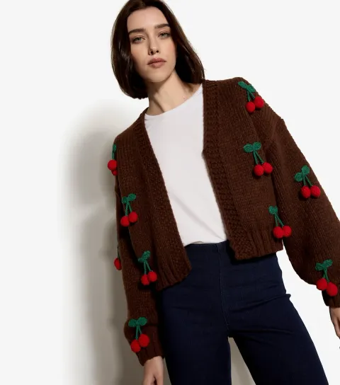 Brown Cherry Appliqued Open Cardigan