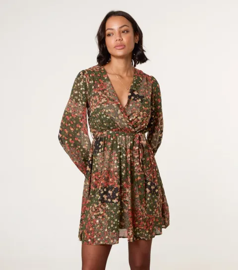 Khaki Gold Foil Wrap Dress