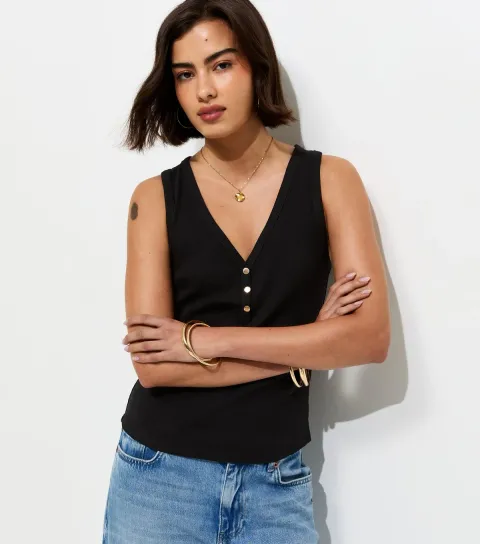 Black Cotton Rich Gold Tone Button Henley Vest Top