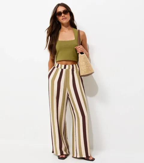 Petite Green Striped Wide Leg Trousers
