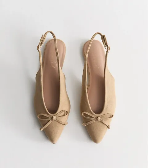 Camel Faux Suede Top Bow Pointed Slingback Pumps