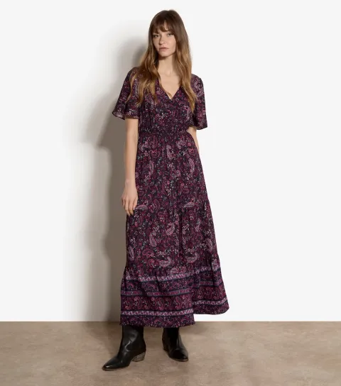 Navy Paisley Short Sleeve Midi Dress