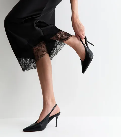 Black Faux Leather Crocodile Embossed Pointed Toe Slingback Heels Vegan