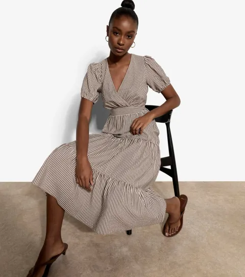Brown Multi Stripe Tiered Midi Dress