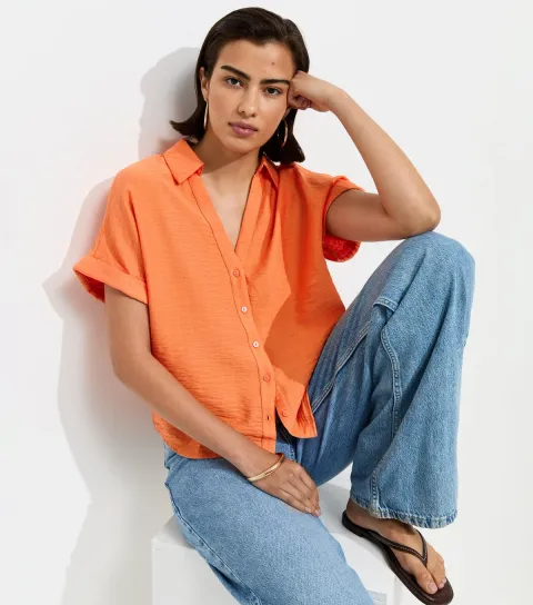 Bright Orange Collared V Neck Short Shirt