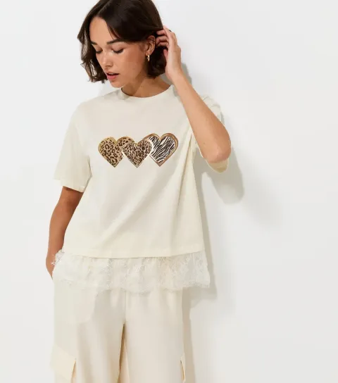 Cream Cotton Foil Heart Lace Hem Boxy T-Shirt