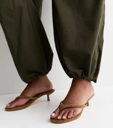 Tan Faux Suede Toe Post Kitten Heel Mules