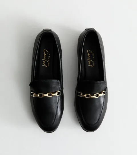 Wide Fit Black Faux Leather Chain Trim Loafers Vegan