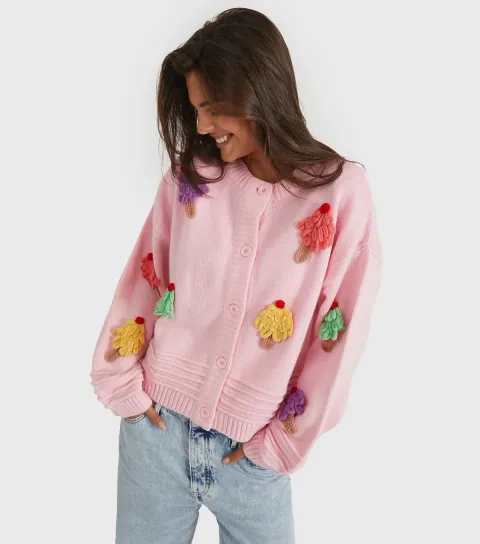 Light Pink 3D Ice Cream Pink Knit Cardigan