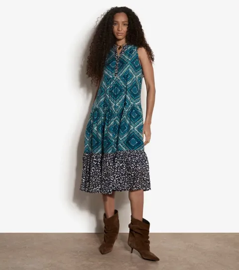 Teal Geometric Print Sleeveless Midi Dress