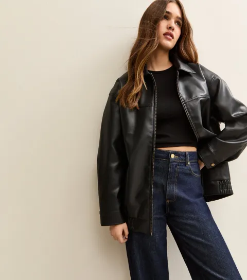 Black Faux Leather Oversized Bomber Jacket