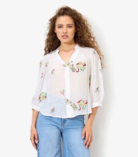White Paisley Embroidered Slubbed Blouse