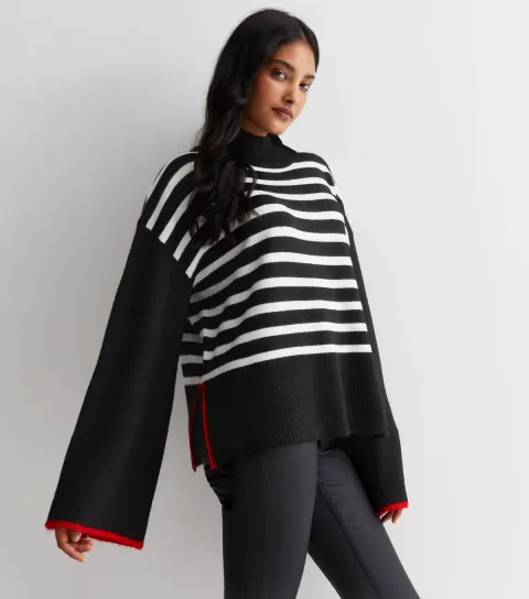 Black Knit Stripe Wide Sleeve Jumper
