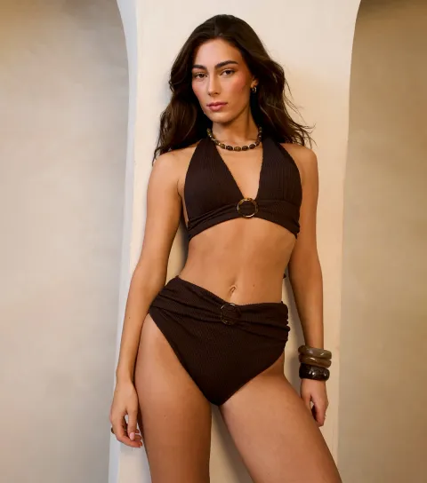 Dark Brown Ribbed Halterneck Bikini Top