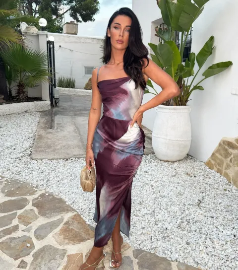 Purple Ruched Cowl Neck Midi Dress