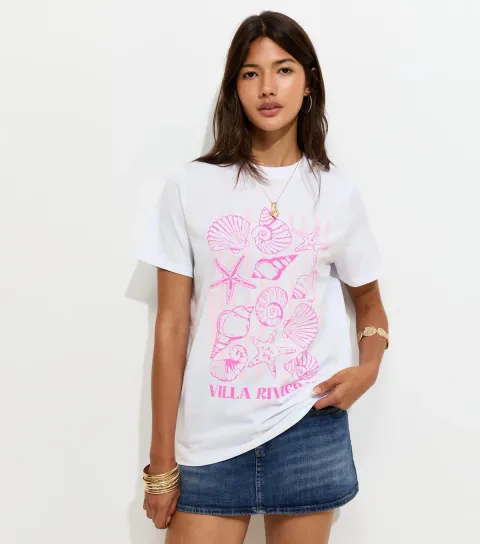 White Cotton Shell Print T-Shirt