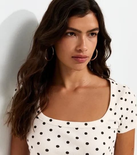 Cream Cotton Rich Polka Dot Square Neck T-Shirt