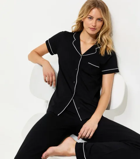 Tall Black Jersey Revere Collar Pyjama Set