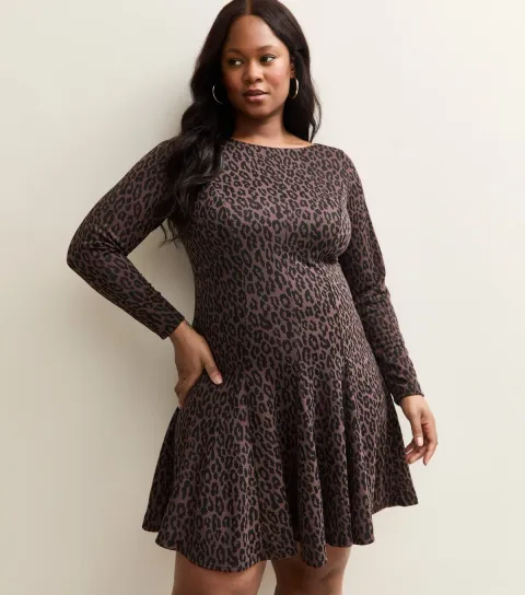 Curve Brown Long Sleeve Animal Print Skater Mini Dress