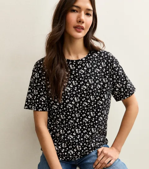 Black Floral Cotton Crew Neck T-Shirt