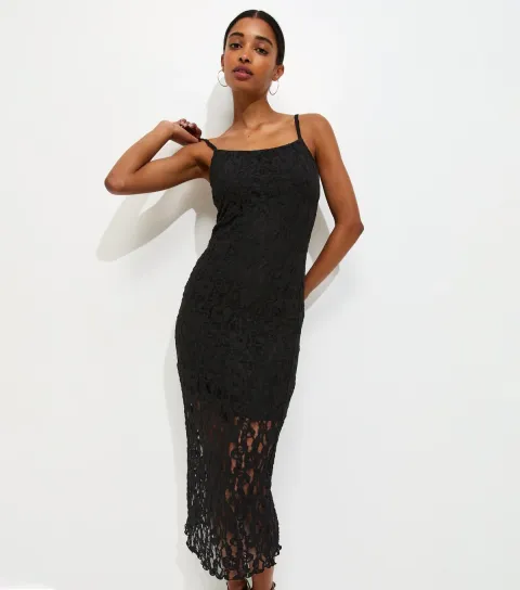 Black Floral Lace Strappy Midi Dress
