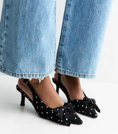 Black Satin Polka Dot Slingback Court Shoes Vegan