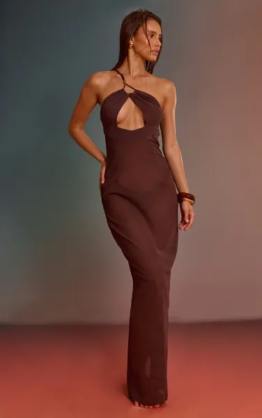 Chocolate Chiffon Bead Trim Cut Out Maxi Beach Dress