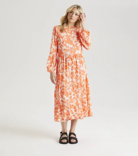 Orange Floral Stencil Print Smock Dress