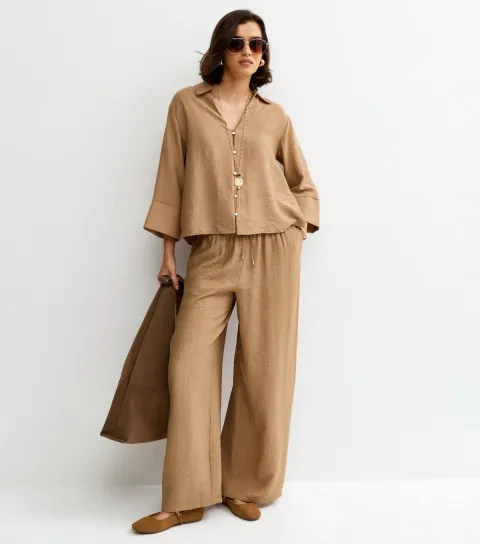 Camel Crinkle Wide Leg Trousers