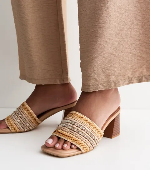 Off White Embellished Raffia Strap Block Heel Mules Vegan