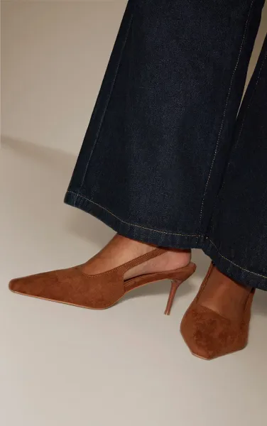 Tan Faux Suede Chiselled Toe Sling Back Court Shoe
