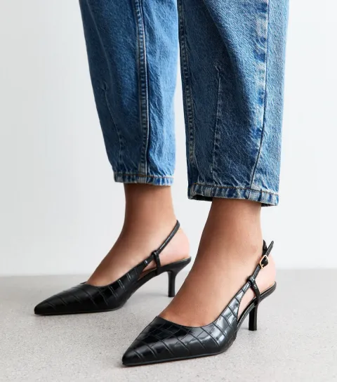 Black Faux Leather Crocodile Effect Slingback Pumps Vegan