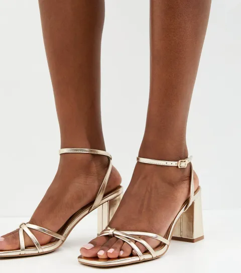 Gold Faux Leather Knot Strap Block Heel Sandals Vegan