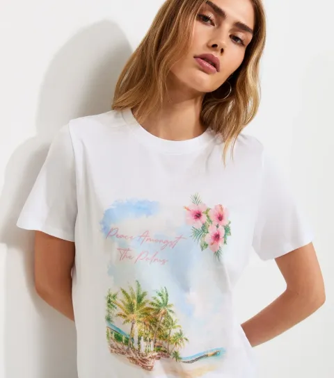 White Cotton Palm Tree Print Relaxed T-Shirt