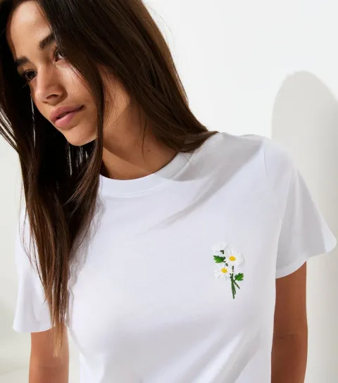 White Cotton Floral Embroidered T-Shirt