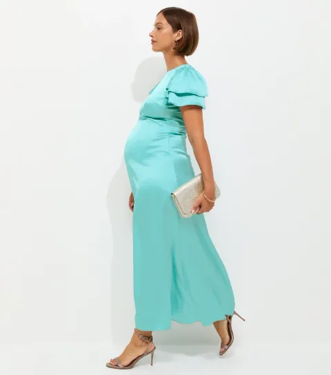 Maternity Light Blue Occasion Frill Flutter Satin Midi Dress