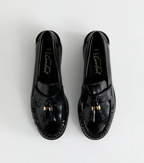 Wide Fit Black Patent Faux Leather Tassel Detail Loafers Vegan