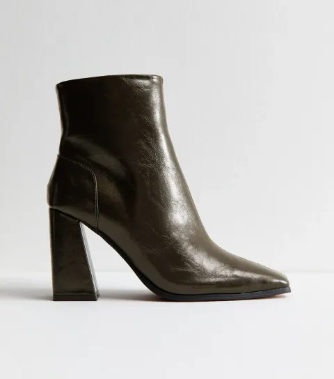 Dark Khaki Faux Leather Square Toe Ankle Boots Vegan