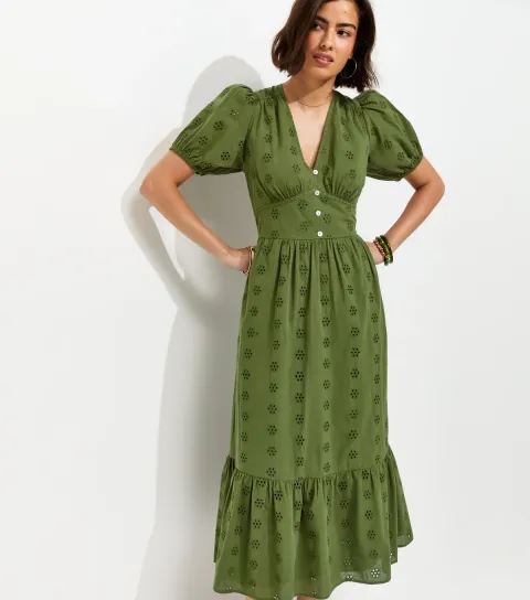 Dark Khaki Cotton Broderie Anglaise Puff Sleeve Midi Dress