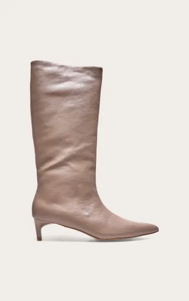 Mushroom PU Point Toe Low Stiletto Knee High Heeled Boots