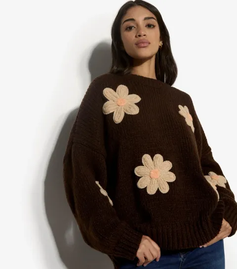 Brown Embroidered Daisies Jumper
