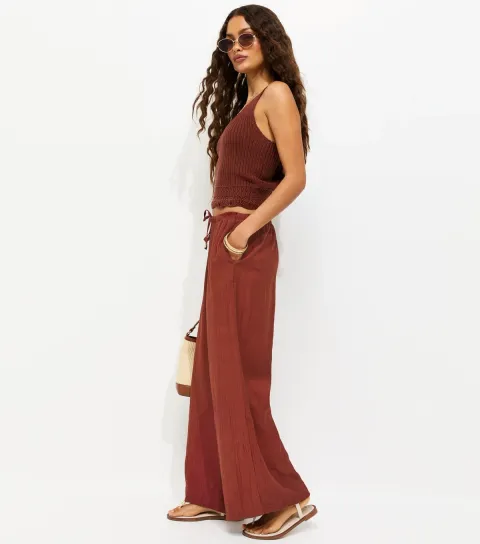 Petite Dark Red Crinkle Texture Wide Leg Trousers
