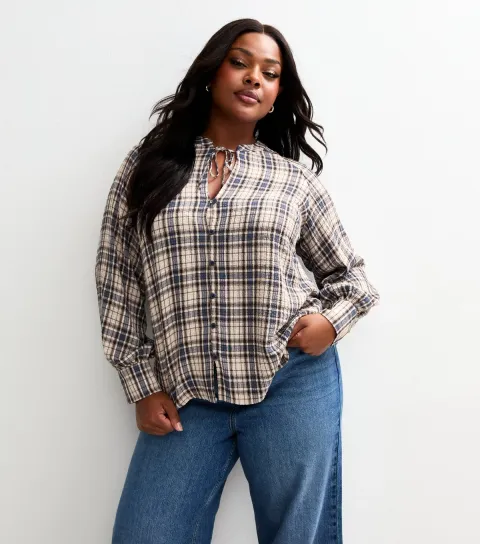 Plus Size Blue Checked Tie Neck Blouse Curves